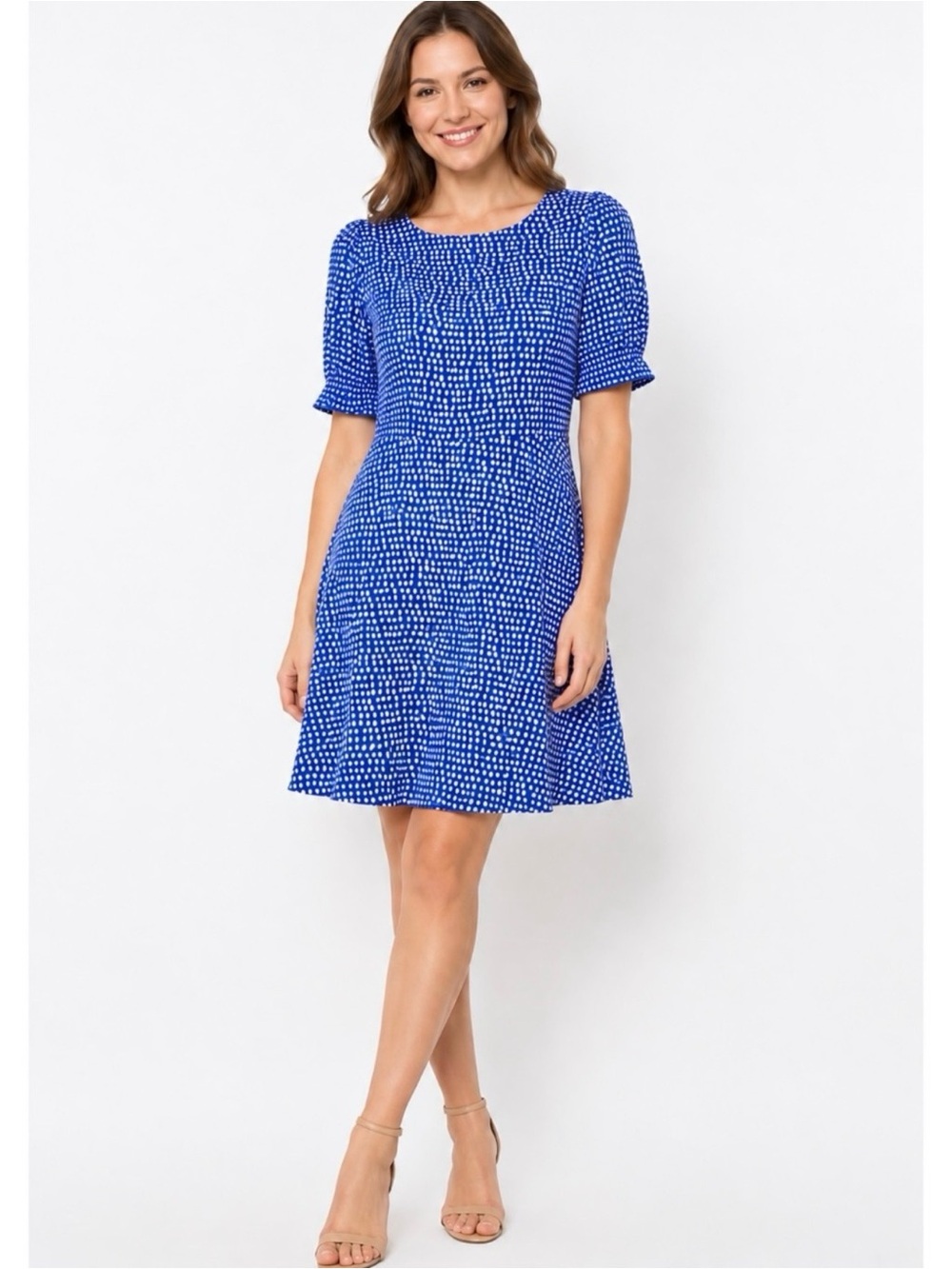 DKNY Blue Polka Dot Print Short Sleeve Puff Sleeve A-Line Dress Sz. 12 Petite